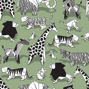 Small scale // Origami safari animalier // sage green background black and white animals