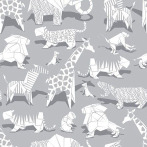 Small scale // Origami safari animalier // grey background white animals