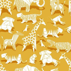 Small scale // Origami safari animalier // goldenrod yellow background white animals