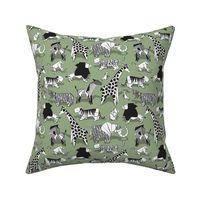 Small scale // Origami safari animalier // sage green background white animals