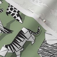Small scale // Origami safari animalier // sage green background white animals