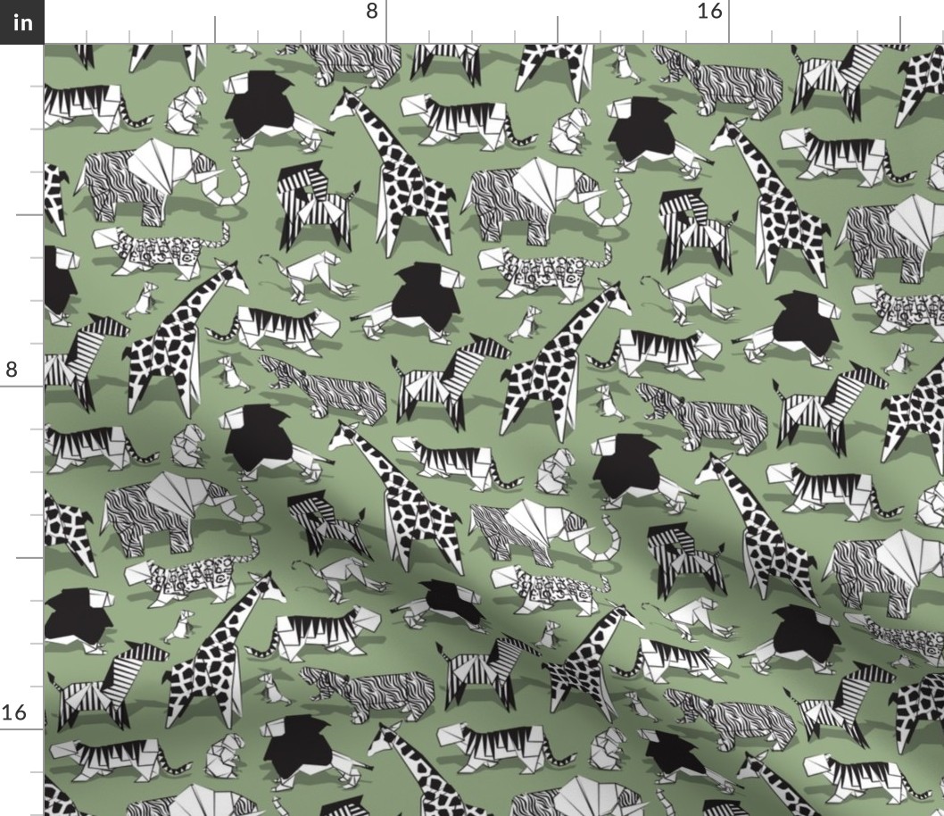 Small scale // Origami safari animalier // sage green background white animals