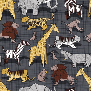 Normal scale // Origami safari animalier // charcoal linen texture background yellow giraffes