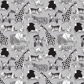 Tiny scale // Origami safari animalier // grey linen texture background black and white animals