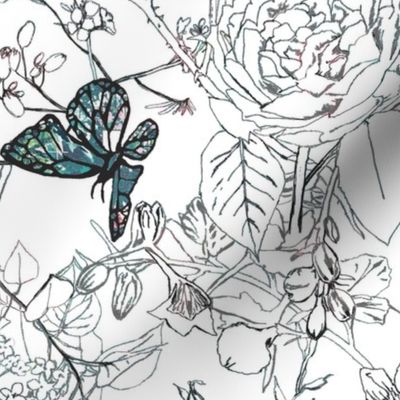 modern floral drawing with aquarelle butterflies