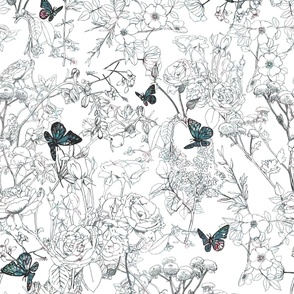 modern floral drawing with aquarelle butterflies
