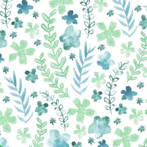 Watercolour Ditzy Floral Teal and Green Medium Scale