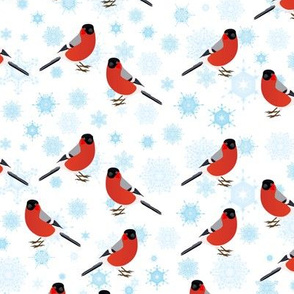 Red Birds & Blue Snowflakes on White