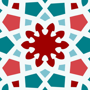 Geometric Arabesque pattern in Teal, Aqua and Red