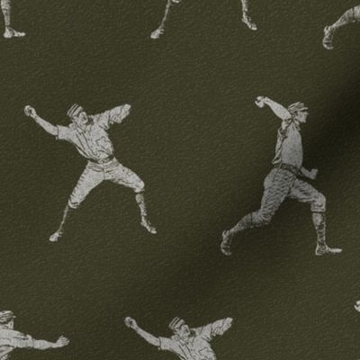 Baseball Players in Silver on Dark Green (Large Size Print)
