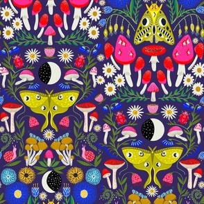 moth moon fabric - witchy fabric, forest woodland fabric, mushroom, moon, hippie witch fabric - navy