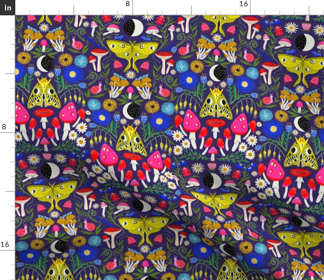 moth moon fabric - witchy fabric, forest woodland fabric, mushroom, moon, hippie witch fabric - navy