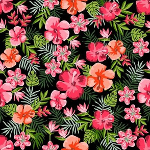 hawaiian floral fabric - hibiscus fabric, stargazer lily, bird of paradise fabric - black