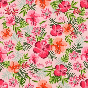 hawaiian floral fabric - hibiscus fabric, stargazer lily, bird of paradise fabric - pink
