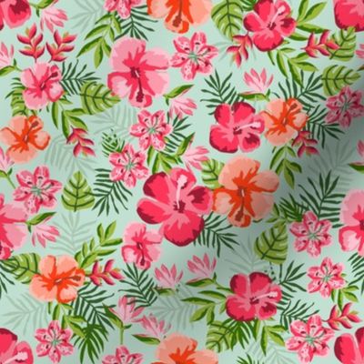 hawaiian floral fabric - hibiscus fabric, stargazer lily, bird of paradise fabric - mint