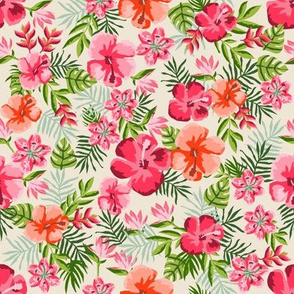 hawaiian floral fabric - hibiscus fabric, stargazer lily, bird of paradise fabric - cream