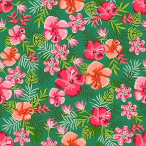 hawaiian floral fabric - hibiscus fabric, stargazer lily, bird of paradise fabric - green