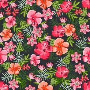 hawaiian floral fabric - hibiscus fabric, stargazer lily, bird of paradise fabric - charcoal