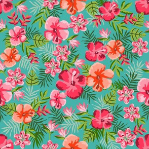 hawaiian floral fabric - hibiscus fabric, stargazer lily, bird of paradise fabric - turquoise