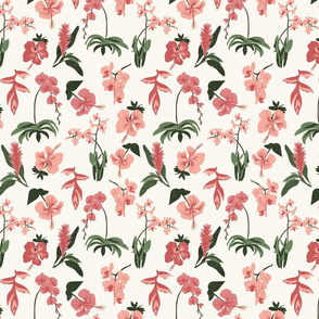 Tropical Flowers - Pink, H White - Small - Linen Texture