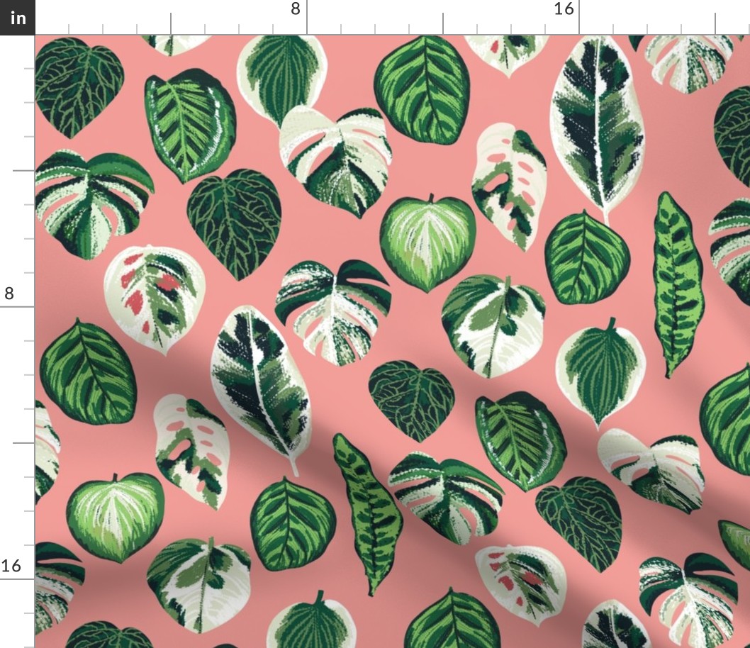 variegated palm plants fabric - palm print, monstera fabric, palm print wallpaper, monstera wallpaper, variegated leaves - salmon
