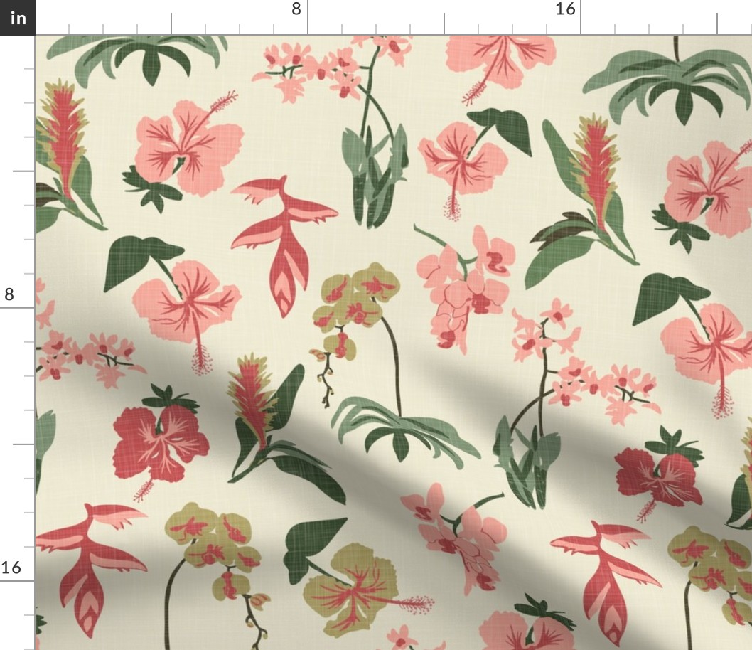 Tropical Flowers - Pink, Green, Cream - Linen Texture