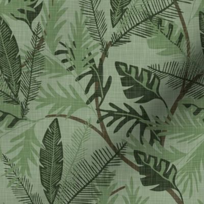 Tropical Foliage - Dark Green - Small - Linen Texture