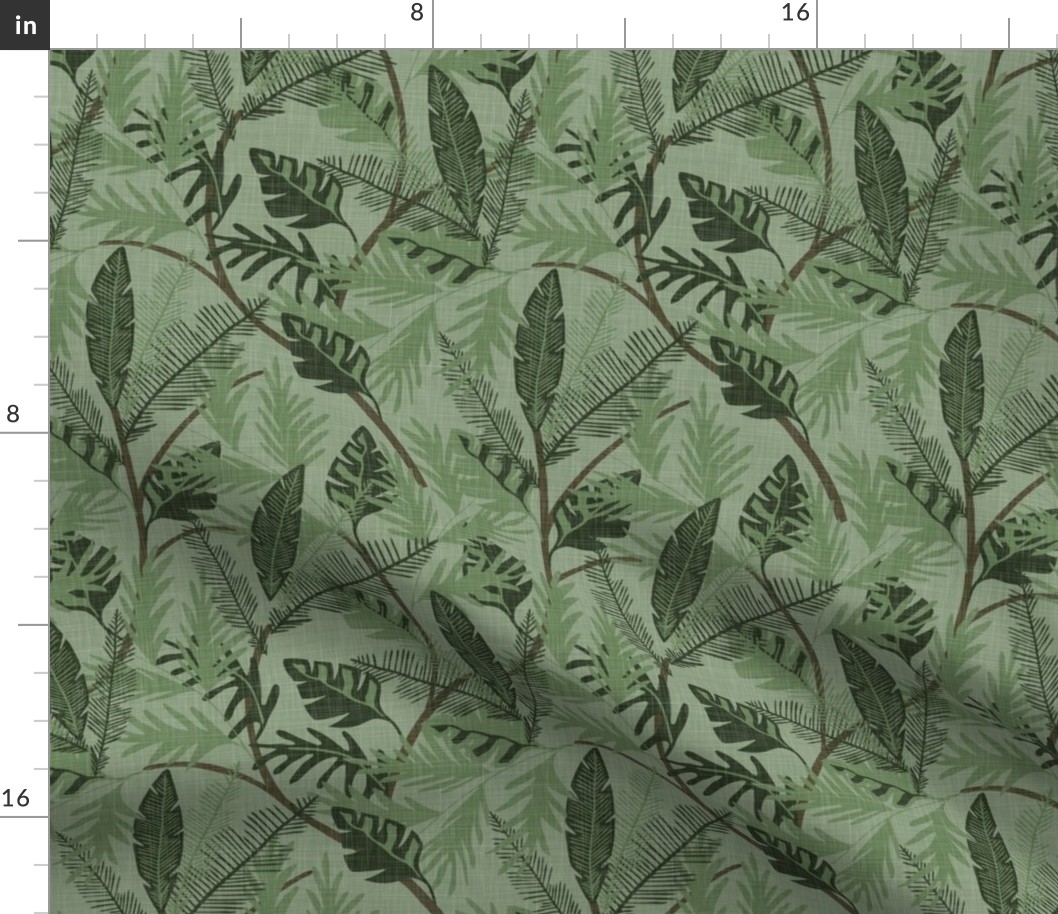 Tropical Foliage - Dark Green - Small - Linen Texture