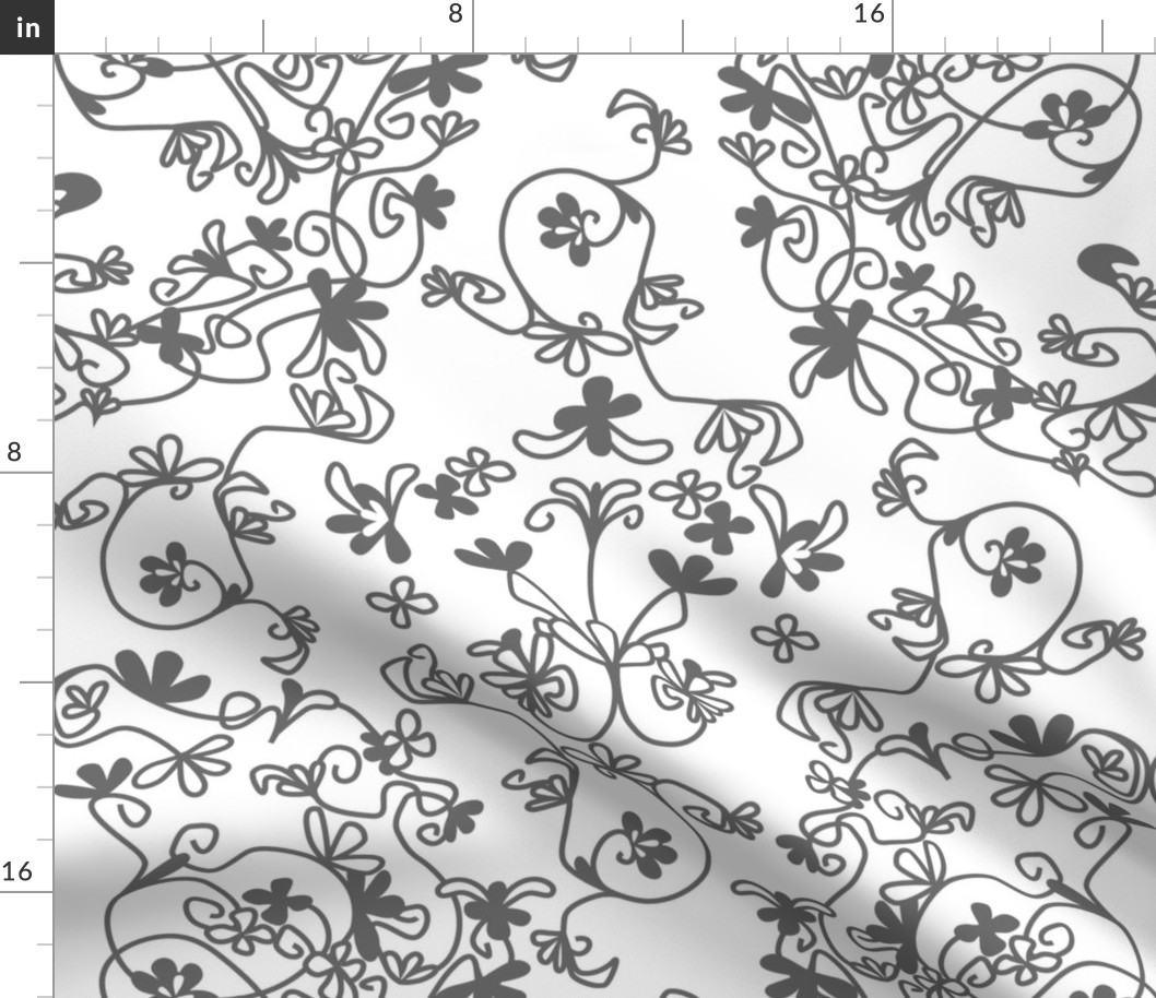 large - lion damask in grey on white