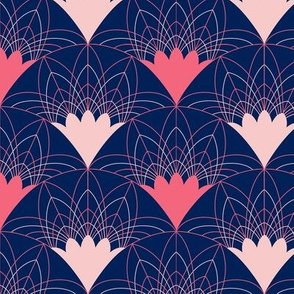 Art Deco Fans in Pink and Blush on Navy - Small