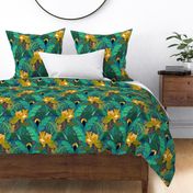 Leopards, toucan and monkeys in the jungle - blue - large scale