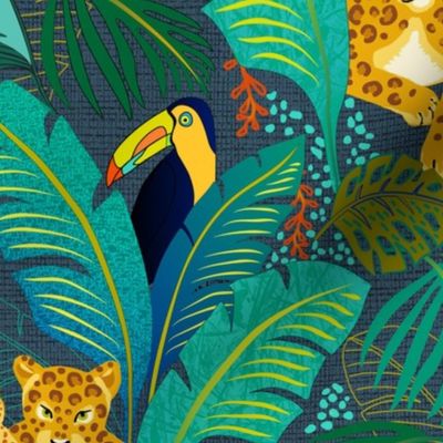 Leopards, toucan and monkeys in the jungle - blue - large scale