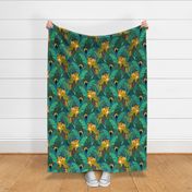 Leopards, toucan and monkeys in the jungle - blue - large scale