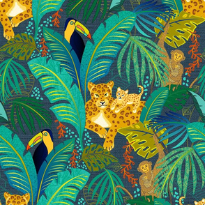 Leopards, toucan and monkeys in the jungle - blue - large scale