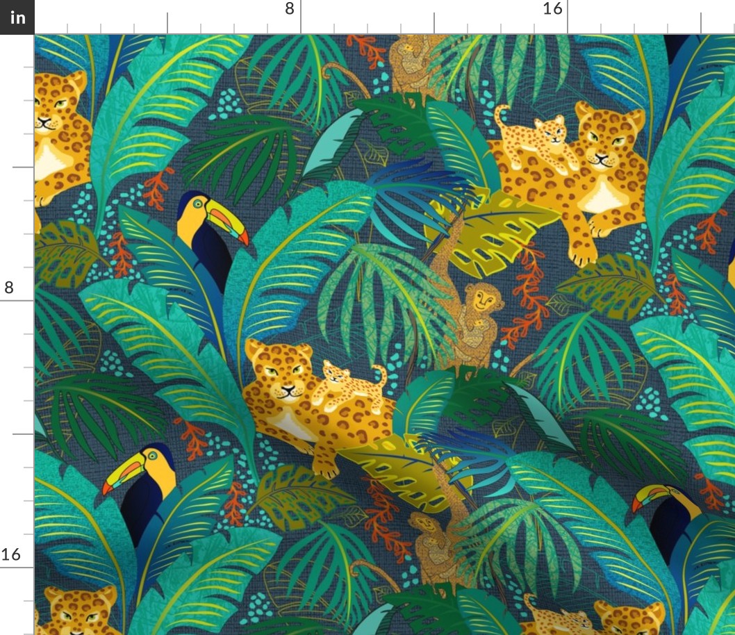 Leopards, toucan and monkeys in the jungle - blue - large scale