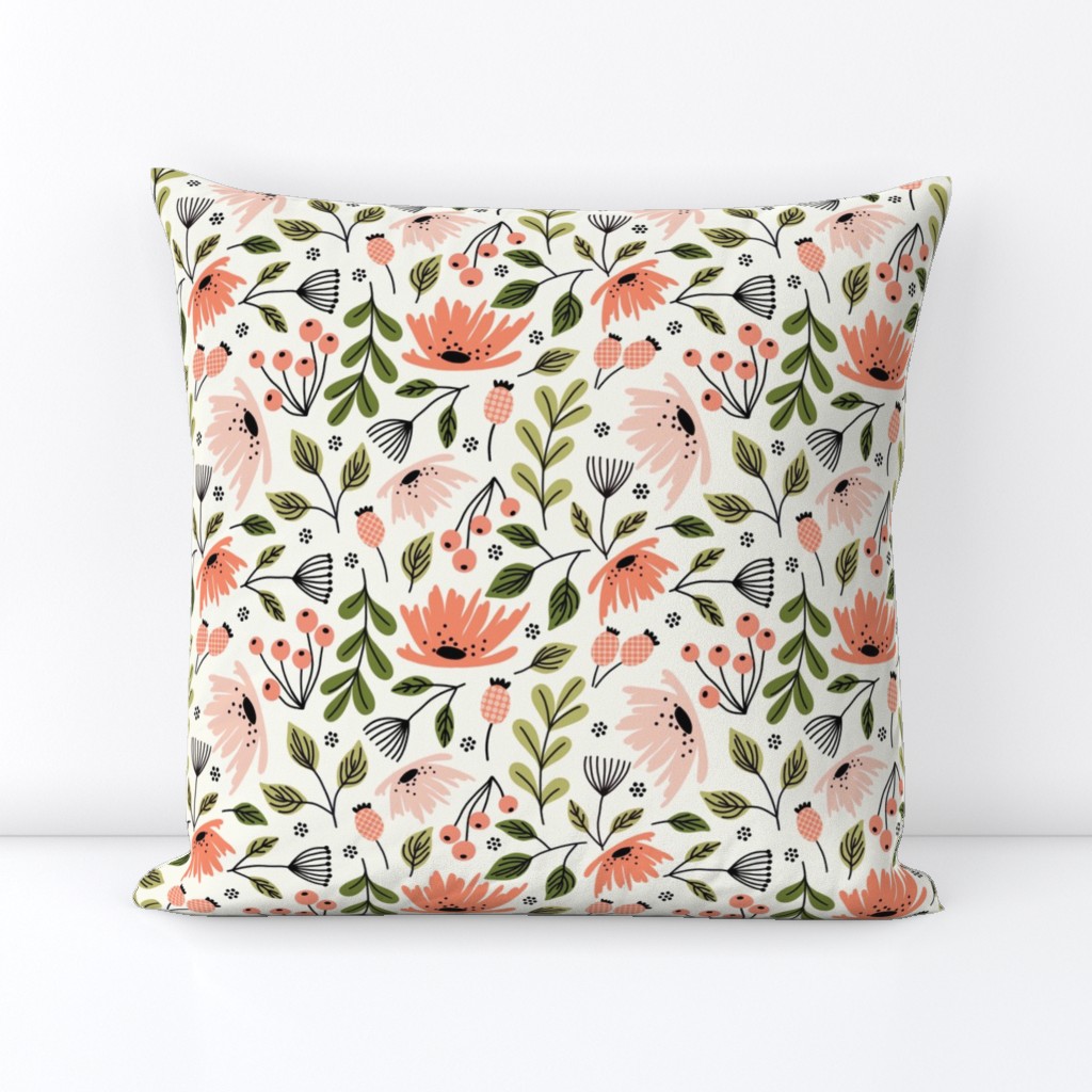 Ditsy modern floral- pink and green on cream - medium scale 