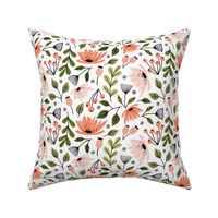 Ditsy modern floral-pink and green on white - medium scale 