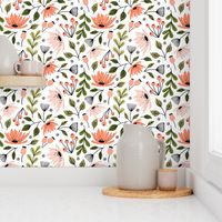 Ditsy modern floral-pink and green on white - medium scale 