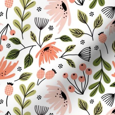 Ditsy modern floral-pink and green on white - medium scale 