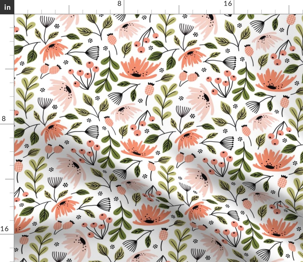 Ditsy modern floral-pink and green on white - medium scale 