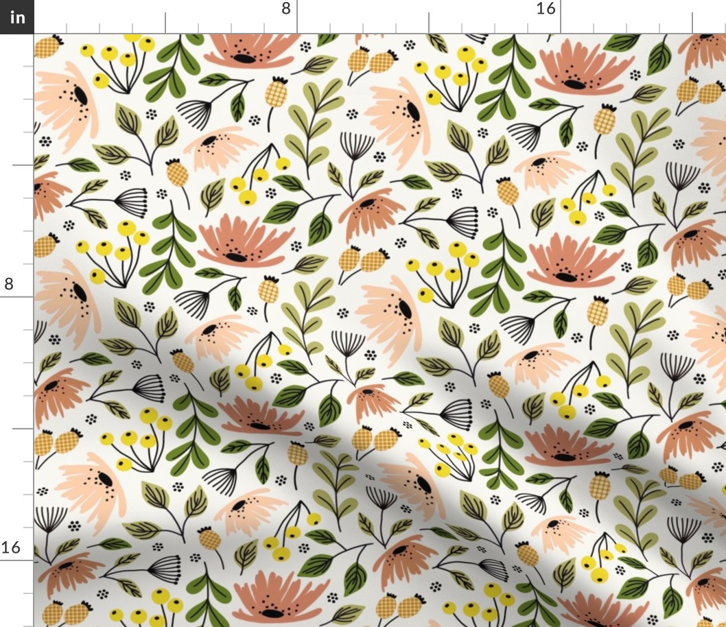 Ditsy modern floral- rose and yellow - medium scale 