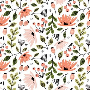Ditsy modern  floral- pink and green on white - small scale 