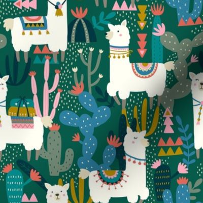 Alpaca and Cactus Pattern on Green Background