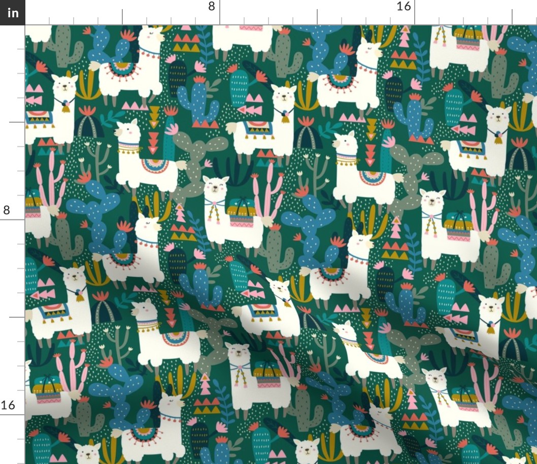 Alpaca and Cactus Pattern on Green Background