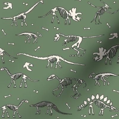 dinosaur skeleton fabric - archaeologist fabric, archaeology fabric, dinosaur dig fabric, bones, dinosaur bones - green