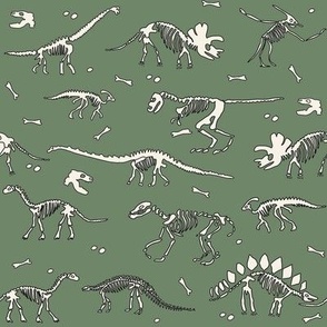 dinosaur skeleton fabric - archaeologist fabric, archaeology fabric, dinosaur dig fabric, bones, dinosaur bones - green