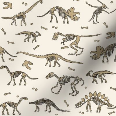 dinosaur skeleton fabric - archaeologist fabric, archaeology fabric, dinosaur dig fabric, bones, dinosaur bones -  tan