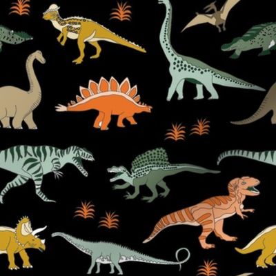 dinoworld dinosaur fabric - tyrannosaurus rex fabric, triceratops fabric, dinosaurs fabric, boy fabric, baby boy fabric - black