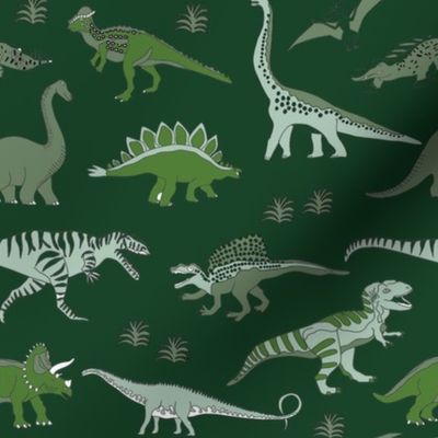 dinoworld dinosaur fabric - tyrannosaurus rex fabric, triceratops fabric, dinosaurs fabric, boy fabric, baby boy fabric - dark green
