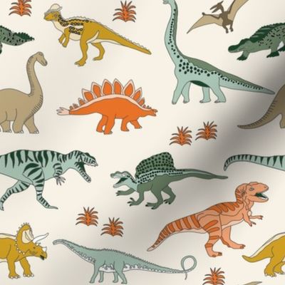 dinoworld dinosaur fabric - tyrannosaurus rex fabric, triceratops fabric, dinosaurs fabric, boy fabric, baby boy fabric -  cream